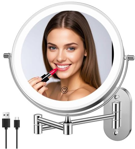 FUNTOUCH Wiederaufladbar Kosmetikspiegel mit Beleuchtetung, 1X 20X Spiegel Vergrößerung Wandmontage, Dimmbarer Rasierspiegel 3 Farben, Touchscreen, 360° Drehbar, Schminkspiegel für Badezimmer