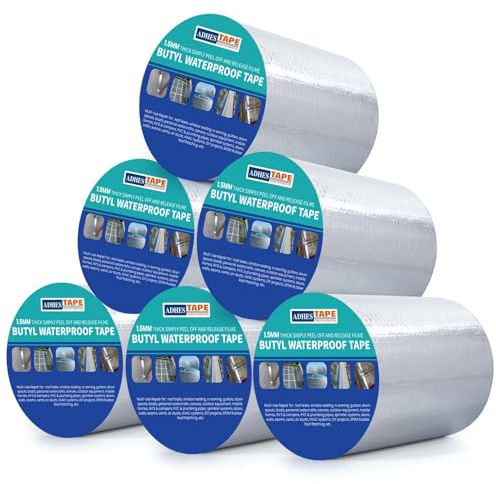 ADHES 1,5 mm di spessore, nastro impermeabile butilico, forte autoadesivo, 200 mm x 5 m x 6 rotoli di nastro adesivo in alluminio argento, per costruzioni, facciate, roulotte, finestre, container
