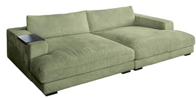 KAWOLA Big Sofa Madeline - Megasofa mit Holztablett in Schwarz, Cord Olivgrün - Couch XXL mit Hochwertigen Füllstoffen & Federbeimischung, Sofa Modern für Wohnzimmer