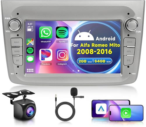 2G+64G Wireless Carplay Android Autoradio 2 Din per Alfa Romeo MITO 2008-2016 7 Pollici Touchscreen Autoradio Android Auto GPS Navi WiFi Mirror Link Bluetooth FM/RDS/EQ/USB/SWC Telecamera Posteriore