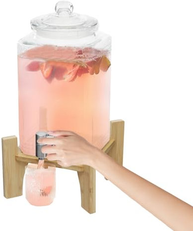 Dispensador de bebidas de cristal de 5 litros con grifo y soporte, dispensador de agua, dispensador de zumo de limonada, recipiente de cristal para fiestas, bodas, cumpleaños