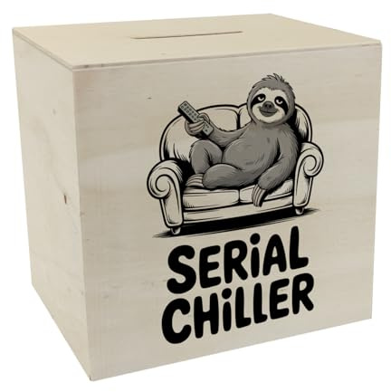 speecheese Spardose aus Holz Faultier auf Couch Serial Chiller Sparbüchse | originelle mit lustigem Spruch für Faultierliebhaber