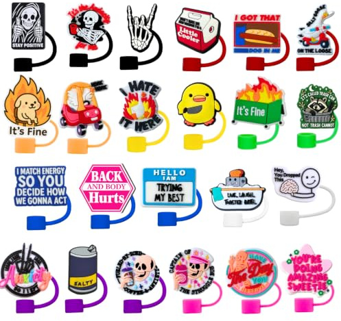 24PC Funny Straw Toppers Kawaii Cup Caps Silicone Covers for Tumbler Water Bottle Nurse Teacher Duck Smiley Horror Character Gifts Adult Men Women Office Medical Accessories Supplies Bulk Pack