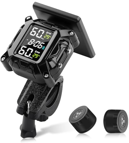 Avutrel Sistema de monitoreo de presión de neumáticos TPMS para motocicleta, sensor de presión de neumáticos inalámbrico, 5 modos de alarma, carga magnética USB/solar, diseño impermeable IP67, con 2