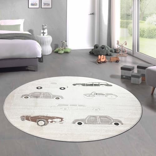 CARPETIA Teppich Spielzimmer Kinderzimmer Babyzimmer modernes Auto-Motiv Runder Teppich pflegeleicht weich langlebig hygienisch hautfreundlich Creme Beige 160 cm-Rund