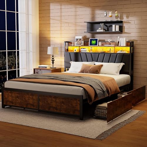 MGMYM Bett 160 x 200 cm mit Metallrost und Schubladen, Doppelbett mit LED und USB, offenen Regalen und Schubladen am Kopfteil, Doppelbett für Erwachsene, einfach zu montieren, Vintage Braun (C, 160 x