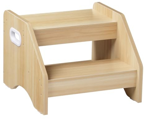 HOOBRO Scaletta a 2 Gradini, Sgabello con Maniglie e Tappetini Antiscivolo, Scaletta in Legno, Portata 60 kg, per Cameretta, Soggiorno ENL28JD01