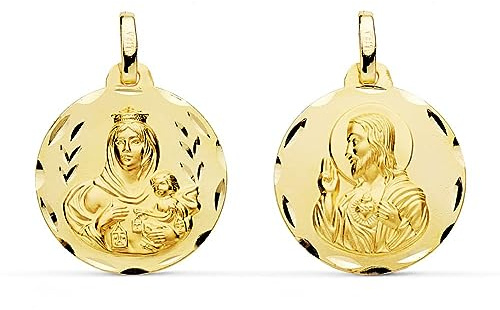 Sebaoth Medaille Skapulier 9K Feingold - Glanzschliff - Jungfrau von Carmen und Herz Jesus - Größe wählbar, Pequeño, Gelbgold, Kein Edelstein