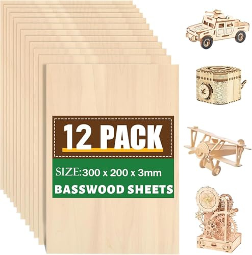 12 Stück Sperrholaplatte 3mm, A4 Sperrholz, 300mm x 200mm Holzplatte zum Basteln, Balsaholz Pappelsperrholz für Laserbearbeitung DIY Holzarbeiten Deko Geschenke Modellbau Gemälde