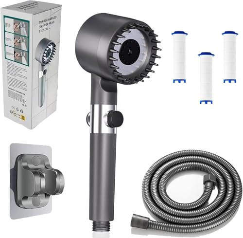 Shower Heads with 1.5M Hose and Holder, Handheld Massage Powerful Showerhead with ON/Off Switch for Residual Chlorine Remove, Gray