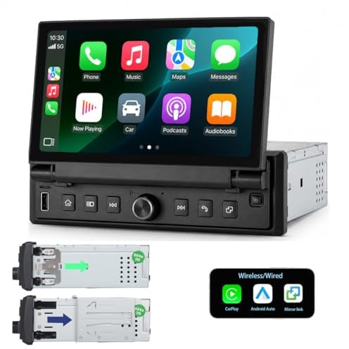 YZKONG Autoradio 1 DIN con schermo touch retrattile da 6,8 pollici, sistema Linux, CarPlay Android Auto wireless, Bluetooth FM USB AUX, Mirror Link