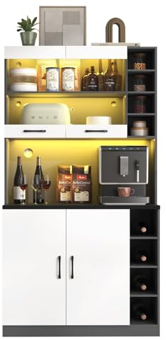 DRIXNO White Kitchen Pantry Cabinet, Freestanding Tall Cupboard with LED Ambient Lighting, Height-Adjustable Shelves & Dedicated Microwave Compartment (100 × 47 × 187 cm)