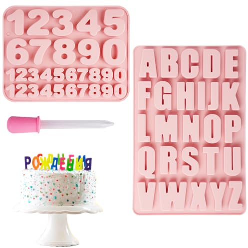 Lot de 2 Moule en Silicone Lettre Chiffres avec Pipette, pour Bonbons | A à Z et 0-9 Letters and Numbers Silicone Mold , Facile à Démouler, Fondant Lettres et Chiffres pour Décoration de Gâteau