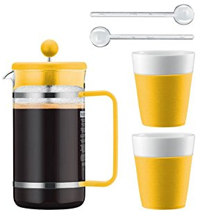 Bodum Kaffeeset Bistro - 6-teilig - 1,0l Kaffeebereiter mit 2 0,3l Porzellantassen und 2 Löffel - Farbe gelb - AK1508-XY-Y15-7