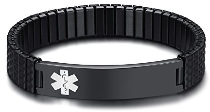 VNOX Maßgeschneiderte Edelstahl ID Stretch Armband Medical Alarm Armband Armreif für Männer Frauen schwarz,kostenlose Gravur