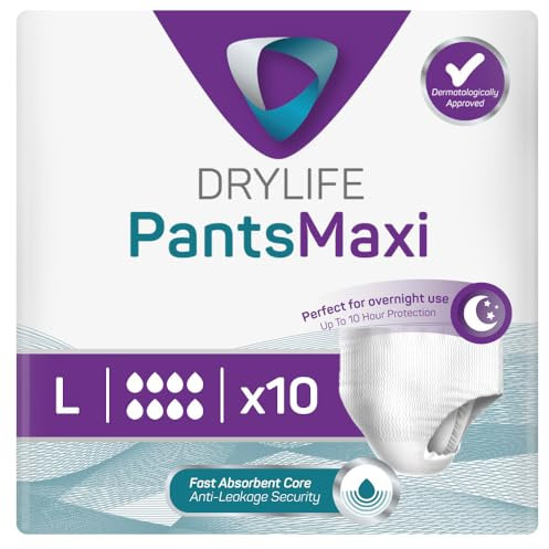 Drylife Pants Maxi Inkontinenz Einweghosen für Frauen und Männer, Dry Feel-Technologie, Anti-Leck-Sicherheit, Hautfreundliches, Weiches, Atmungsaktives Material - Gr. L (10 Stück)