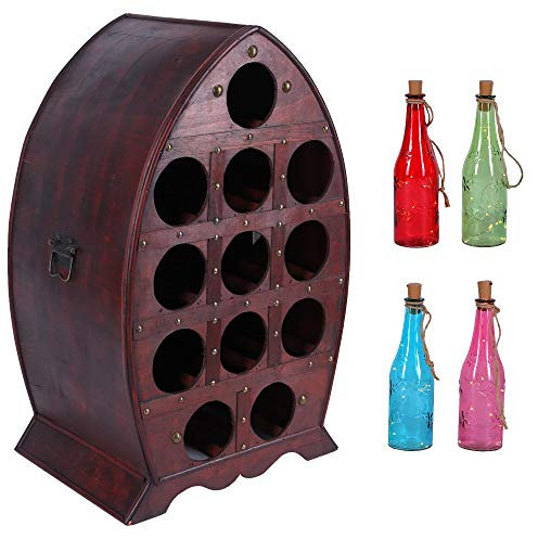 Porte-Bouteille Vin pour 12 Bouteilles de Support en Contreplaqué Wine Racks Colonial Range-Bouteilles Bois Étagère 65 cm Hauteur Design avec Guirlande Type Led 4 Multicolore Glasflschen 25 Haut