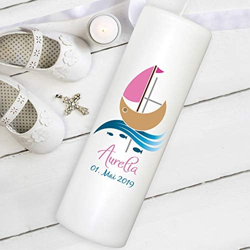 Wandtattoo Loft Taufkerze Junge oder Mädchen mit Taufspruch + 1 Patenkerze, Motiv mit Schiff Boot, 25cm x 7cm, personalisierte Kerze, bedruckte Kerze zur Taufe, Stumpenkerze, Taufgeschenk