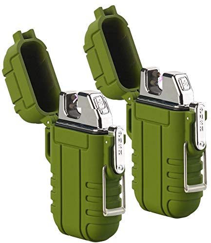 PEARL Akku-Feuerzeug: 2er-Set Elektronisches Feuerzeug mit doppeltem Lichtbogen, IP56, oliv (Lichtbogen Outdoor, Elektronisches USB)