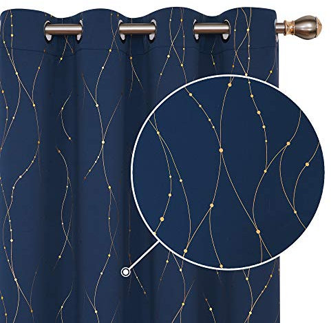 Deconovo Navy Curtains, Gold Dotted Line Foil Printed Blackout Curtains, Thermal Insulated Curtains, Eyelet Curtains for Living Room, 46 x 72 Inch(Width x Length), Navy Blue 2 Panels
