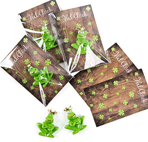 Mini Glücksbringer Frösche mit Karte, 5 Stück: Viel Glück Geschenke, Froschkönig mit Krone, Silvester & Neujahr, Prüfung, Abitur & Führerscheinprüfung, Schüler, Tischdeko, Give-Away, 8,5 x 5,5 cm