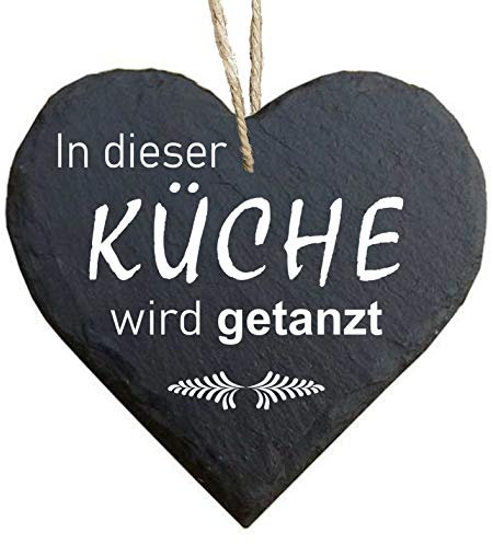 Homeyourself Herz Schieferherz Schiefer Schieferschild 10 x 10 cm In Dieser Küche Wird getanzt schwarz Dekoschild Wandschild Schild Stein Küchenschild