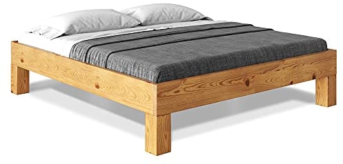 CURBY Massivholzbett Holzbett Doppelbett 4-Fuß-Bett ohne Kopfteil aus massiver THERMO -Fichte, hochwertige Verarbeitung, einfacher Aufbau, Made in Germany, 140 x 200 cm, natur, Standardhöhe