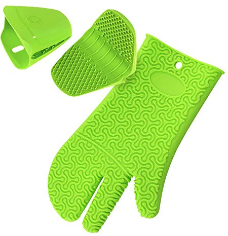 Kochblume Handschuh & Thermo-Fingerschutz 2er Set | Hitzeschutz Set | Premium-Silikon | Hitzebeständig | Spülmaschinenfest | Farbe: limette