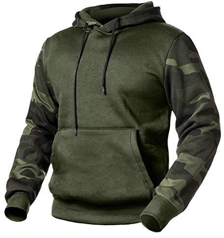 MANLUODANNI Men's Pullover Hoodies Hooded Sweatshirt Camo Patchwork Top Casual Hoody with Kangaroo Pocket Army Green L