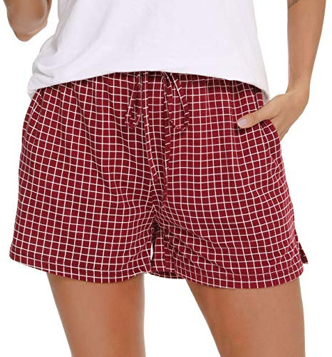 Lovasy Bas de Pyjama Femme Short de Pyjama d'été en Coton à Carreaux Léger Short de Nuit Grande Taille,Vin Rouge,XXL