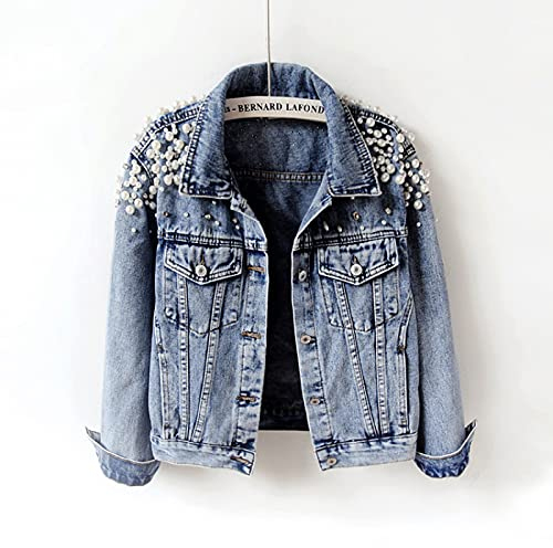 FBYDLL Damen Lose Jeansjacke Herbst Girljean Jacken Perle Casual Cowboy Top, Damen Mantel Langarm Oberbekleidung Plus Größe Winter Outwear S - 2XL,Blau,S