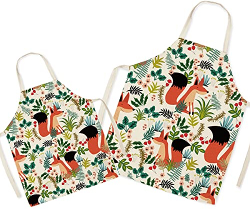 Fuchs passende Schürze für Eltern und Kind zum Kochen, Malerei, Gartenarbeit – schöne Muster-Leinen-Eltern- und Kinderschürze für die Familienzeit, Mama Papa Tochter Sohn Küchenschürze