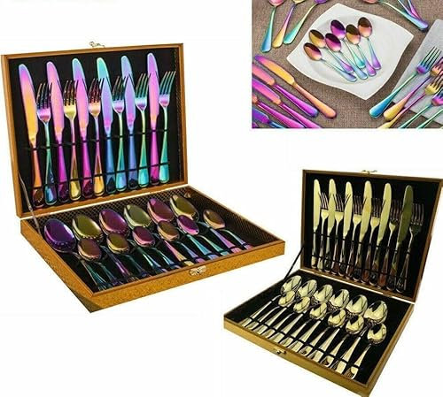 24pcs Luxury Cutlery Set Stainless Steel Knife Spoon Fork Tea Spoons Wedding D.I.L (24PC Rainbow Spoon Set)