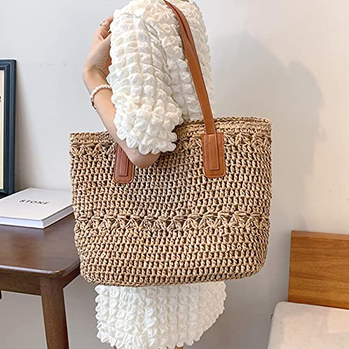 yyzlvffm Strandtasche Mode Große Kapazität Stroh Umhängetasche Rattan Strandtasche Gewebte Handtasche Lässige Damen Handtasche Shopping Handtasche Kupplung Handtasche Khakia