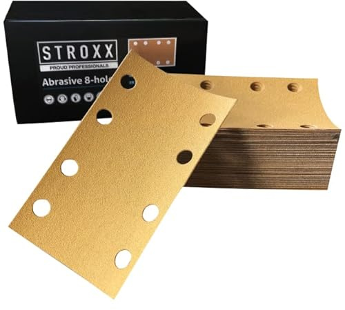STROXX – Schleifstreifen 100 Stück mit Klett – Schleifblätter 81x133mm zum Schleifen von Holz, Metall & Farbe – 8-fach gelochtes Schleifpapier für Schwingschleifer (Korn 150)
