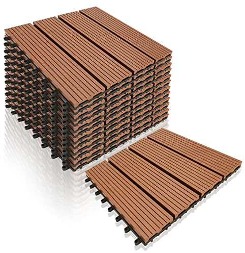 Cecaylie Juego de 11 baldosas de madera de WPC para terraza, 30x30cm, 1 m², ideales para exteriores, azulejos de clic para balcón, jardín y terraza, instalación sencilla, rápida y práctica(Marrón)