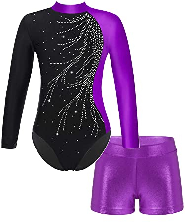 iEFiEL 2PCS Mädchen Glitzer Turnanzug Leotard mit Strasssteine Gymnastik Anzug Langarm Ballett Trikot Kleidung Tanzkostüm Set Ue Violett 122-128