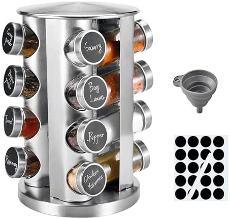 Portaspezie girevole 360 ° in acciaio inox con barattoli da 130 ml per spezie da campeggio barbecue cucina Porta Spezie Facile da Pulire Salvaspazio Organizer Rotante rotondo (16 Barattoli Rotondo)
