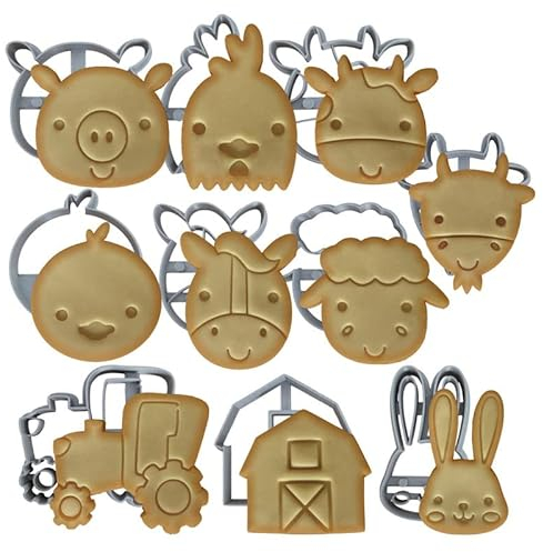 Moose Goods Ausstechformen mit Bauernhoftieren, 10 Stück, Ausstechformen für Kindergeburtstagsparty oder Motto-Partys, inklusive Huhn, Schwein, Kuh, Pferd, Ente, Ziege, Hase, Scheune und Traktor