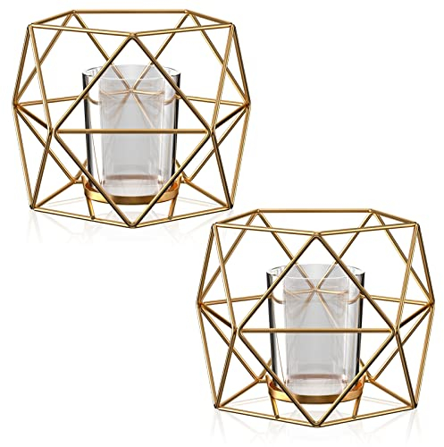 Gvolatee 2 Pezzi Portacandele Geometrici in Metallo, Vintage Candeliere a Lume di Candela, Portacandele in Ferro Battuto per Matrimoni, Feste di Compleanno, Decorazione Della Casa, Festa (Oro)