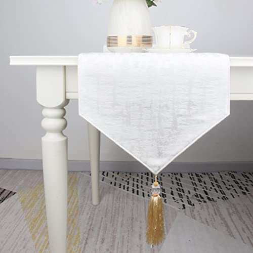 KnSam Tischläufer Hochzeit Boho, Jacquard Tischläufe Weiß Faltenfrei rutschfest Tischband Dekoration für Esszimmer Party Urlaub, Tischläufer Baumwolle Polyester 35x200CM