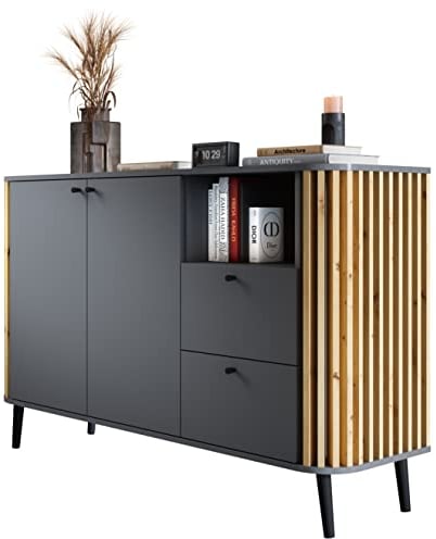 Newroom Sideboard Wildeiche Grau Sideboard Modern Elegant - 138x88x40 cm (BxHxT) - Highboard Anrichte - [Zak.Two] Wohnzimmer Schlafzimmer Flur Esszimmer