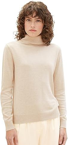TOM TAILOR Damen 1039821 Basic Pullover mit Rollkragen, 28596-soft beige Melange, XXL