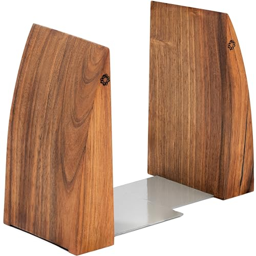 TILISMA Serre-livres pour étagères – Serre-livres en bois fait à la main avec base en métal – Noyer – Supports de livres robustes pour livres lourds – Accessoires décoratifs modernes et fantaisistes