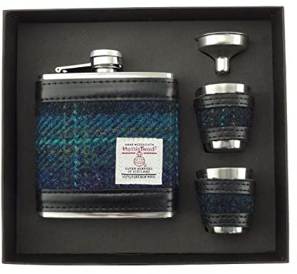 BRAW CLANS TARTANS Gift Box - 6oz Harris Tweed Hip Flask, Shot Glasses, Pour Funnel, Coaster, Keyring – Stainless Steel Tartan Liquor flasks for Men - Leak Proof lid(Blue with Turquoise Overcheck)