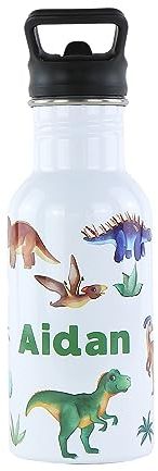 cribstar Personalised Kids Water Bottle - Stainless Steel - BPA Free - Leak Proof - Perfect for School, Sports, Holidays, Travel or anywhere. (Dinosaurs)