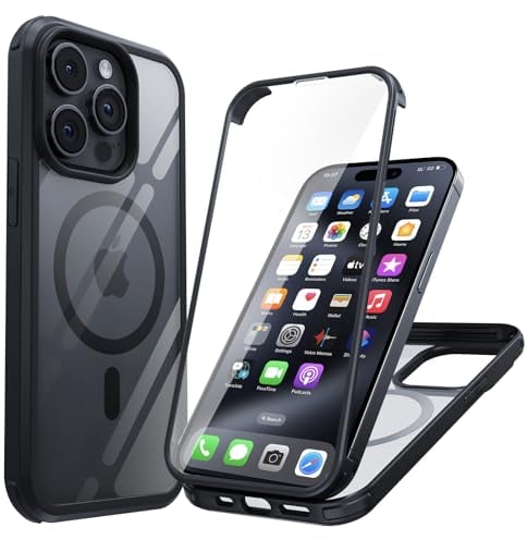 Holidi iPhone 15 Pro Hülle, iPhone 15 Pro 360 Grad Hülle Magsafe, Vorne und Hinten 360 Grad Magnetisch, Handyhülle Schutzhülle mit Eingebautem 9H Panzerglas Displayschutz. Schwarz