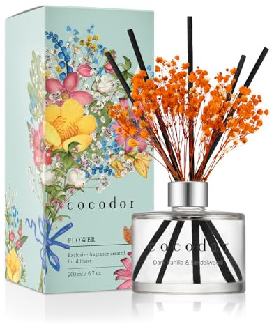 COCODOR Flower Reed Diffuser Set / 6.7oz / Dark Vanilla&Sandalwood/Scent Diffuser with Sticks Home Fragrance Reed Diffuser for Bathroom Shelf Decor