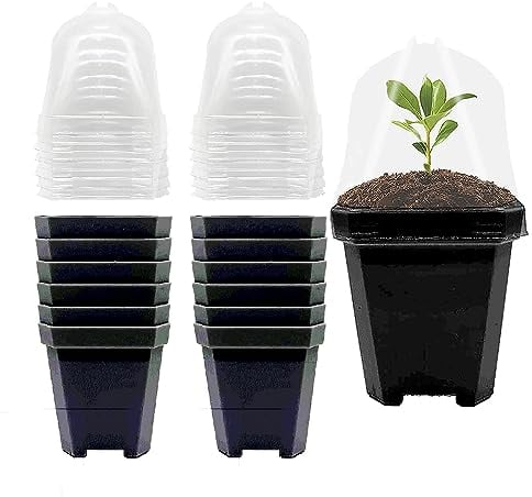 Vasi per piante da vivaio, 13,5 cm, in plastica nera, con cupola e vassoio per umidità, vasi da fiori quadrati per verdure, fiori e piante grasse, confezione da 12