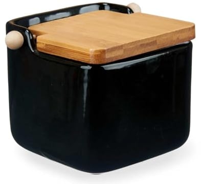 Vessia - Salière en céramique avec couvercle à charnière en bambou, bocal de cuisine pratique et récipient, récipient noir